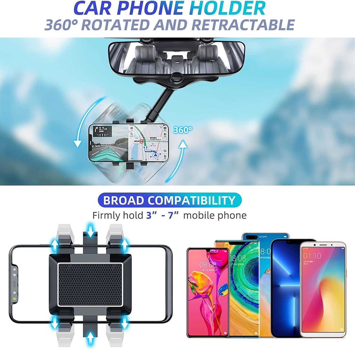 360° Car Rearview Mirror Phone Holder – Universal Auto Mount for Hands-Free Driving