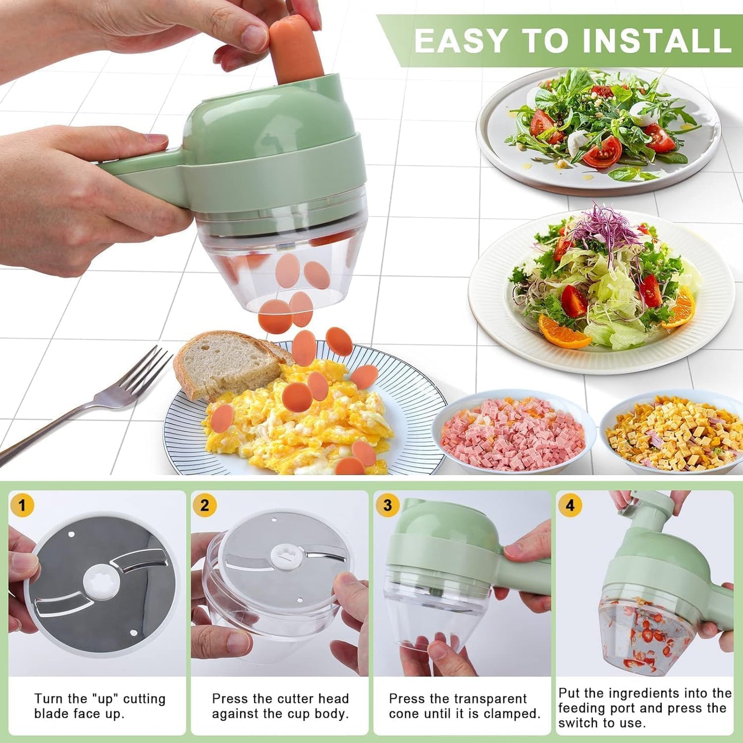 4-in-1 Wireless Portable Electric Vegetable Cutter – Chop Garlic, Onion, Chili, Meat & More