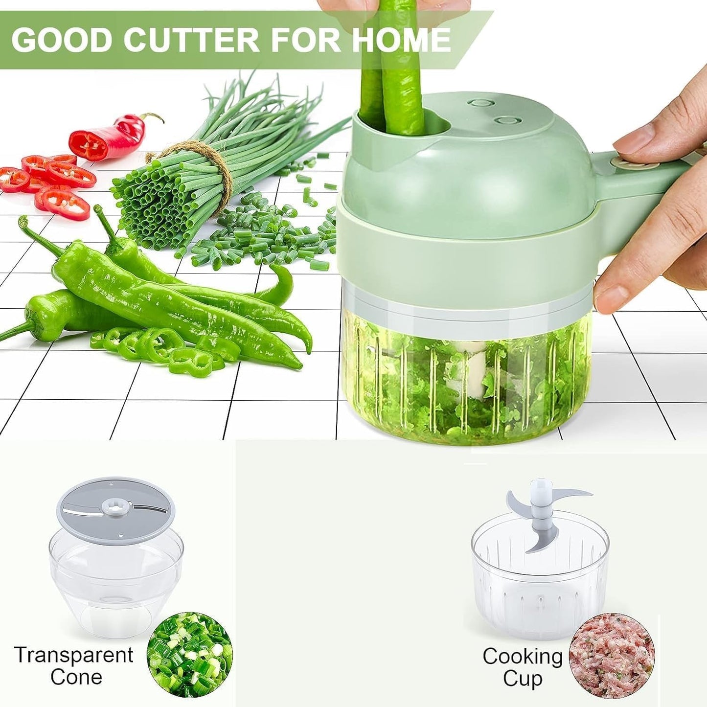 4-in-1 Wireless Portable Electric Vegetable Cutter – Chop Garlic, Onion, Chili, Meat & More