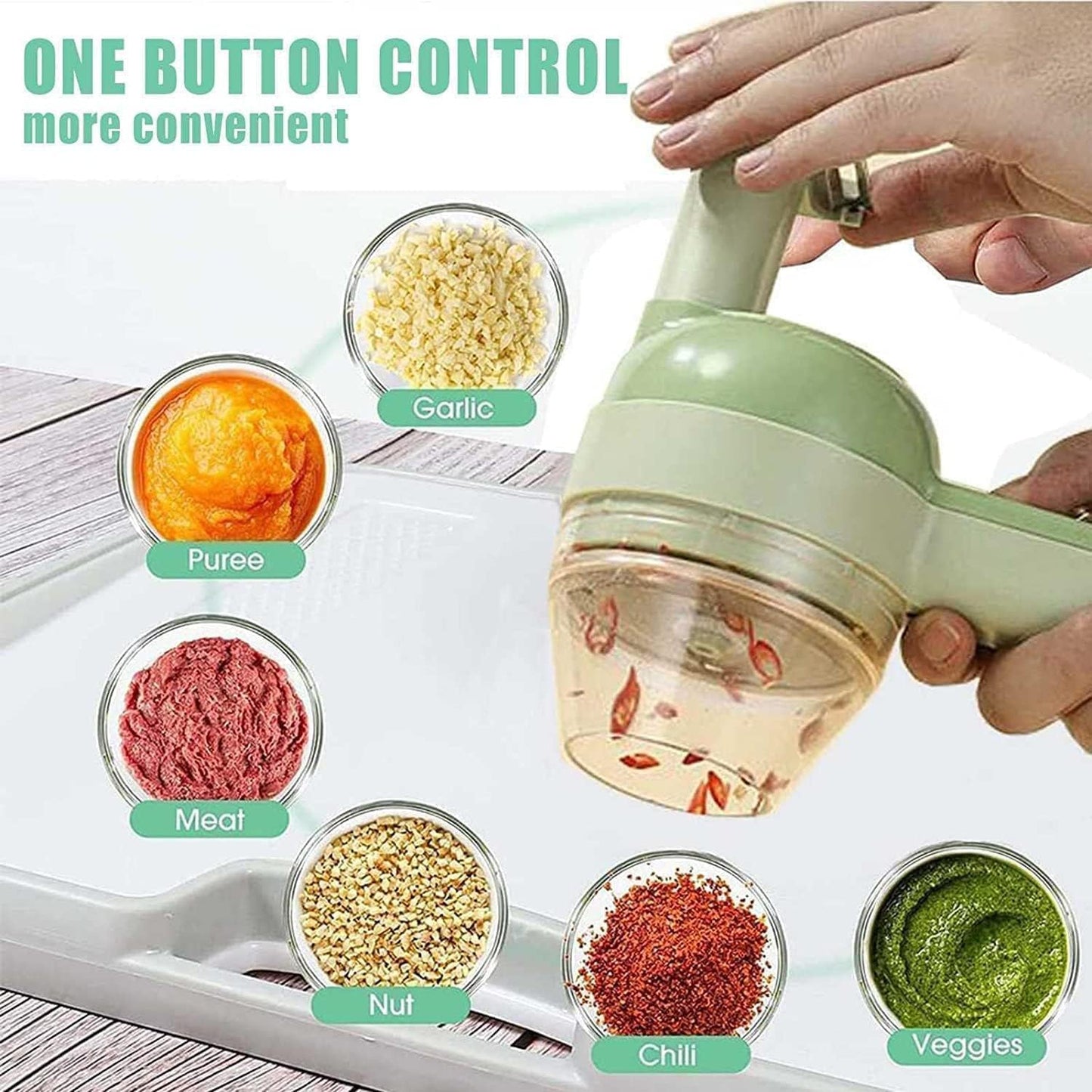 4-in-1 Wireless Portable Electric Vegetable Cutter – Chop Garlic, Onion, Chili, Meat & More
