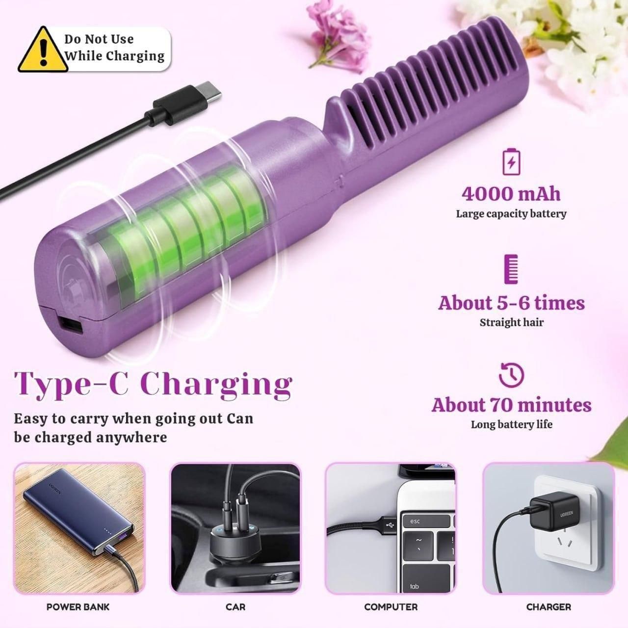 Mini Cordless Hair Straightener – Portable & Rechargeable Hot Comb for Quick Styling