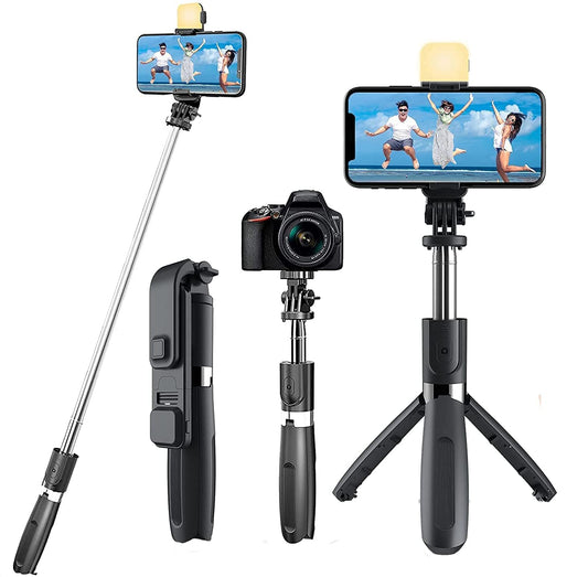3-in-1 Extendable Selfie Stick Tripod with Flash & Bluetooth Remote – for Reels, Vlogs & Trave ( iPhone & Android )