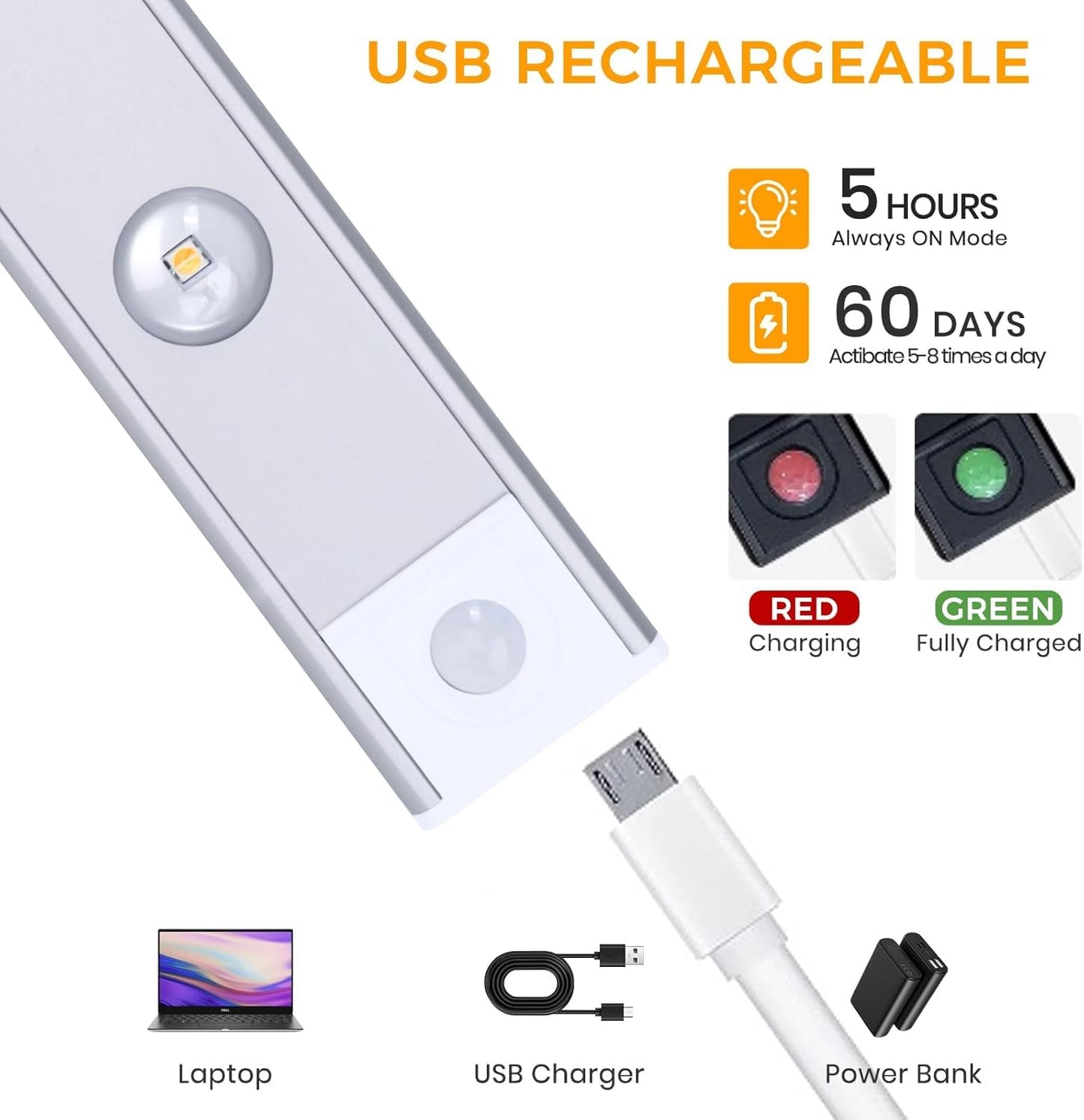 LED PIR Motion Sensor Cabinet Light – USB Rechargeable, Stick-On, Wall Mountable, Wireless, 3 Light Modes