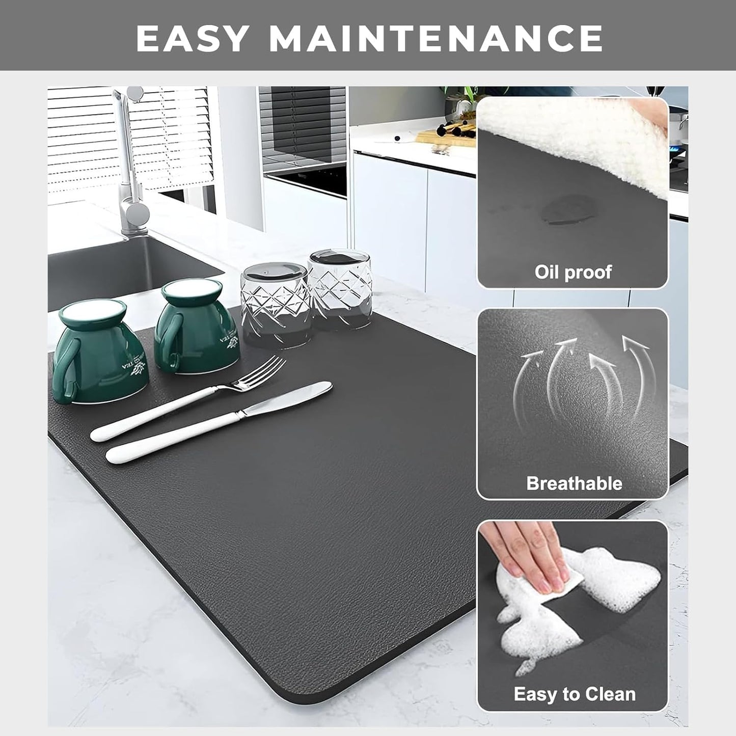 Kitchen Sink Water Absorbent Mat – Anti-Slip Rubber Backing (Pack of 2)