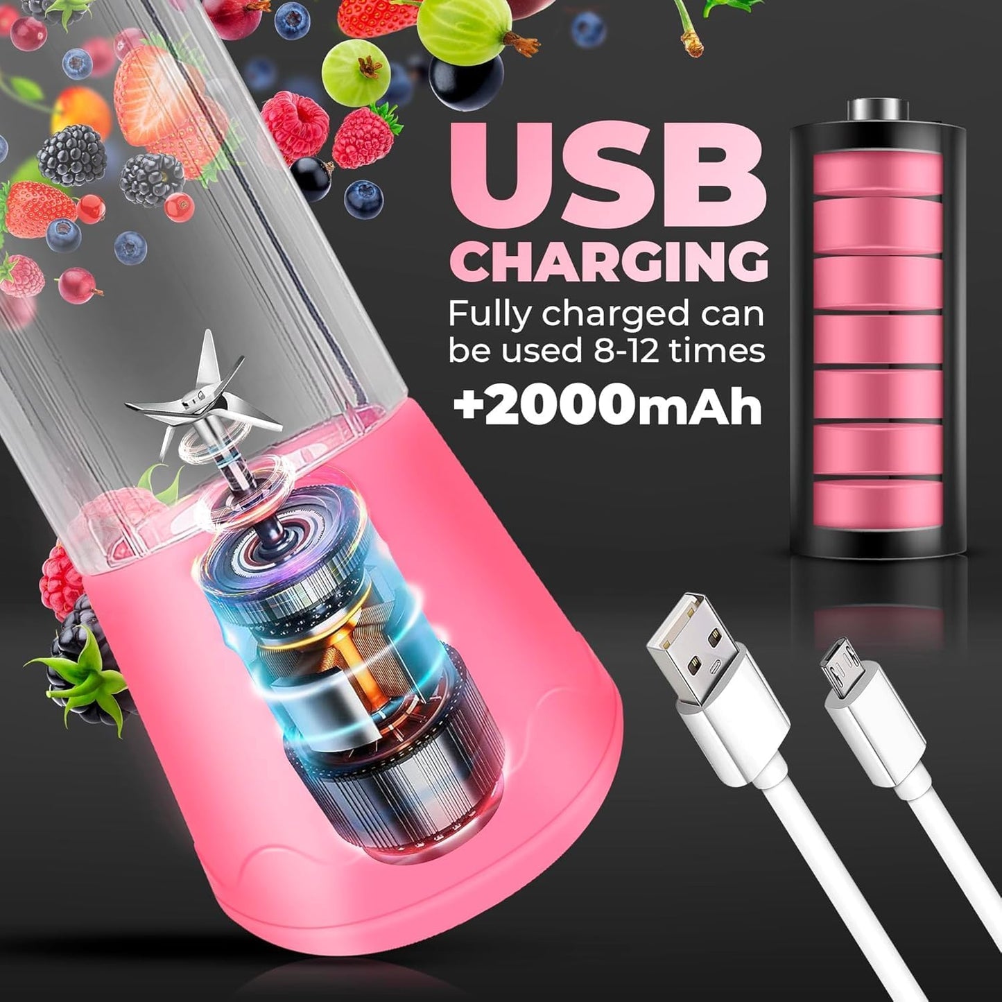 Portable USB Rechargeable Juicer Blender – 6 Blade Smoothie Maker (380 ml)