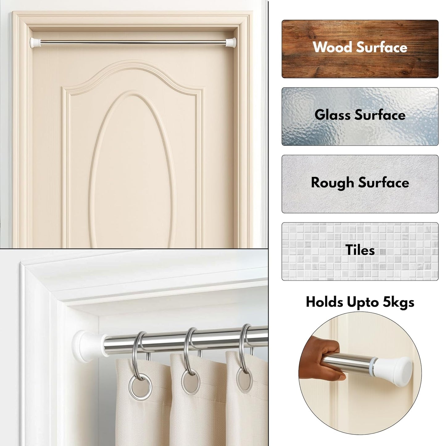 Multifunctional Stainless Steel Adjustable Bathroom & Wardrobe Rod – No-Drill Curtain & Closet Rod