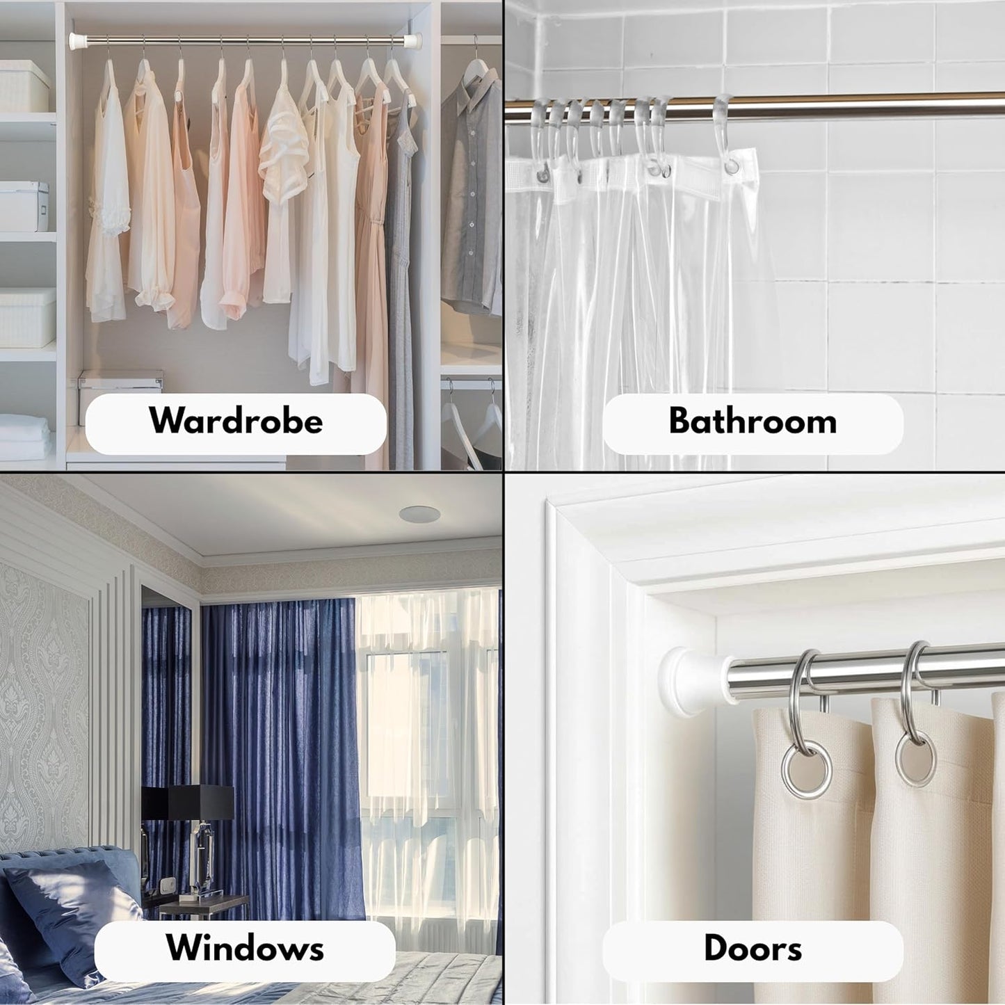 Multifunctional Stainless Steel Adjustable Bathroom & Wardrobe Rod – No-Drill Curtain & Closet Rod